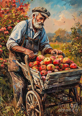 Food And Beverage Paintings - A farmer using a handcrafted wooden wheelbarrow to transport freshly picked apples by Donato Williamson