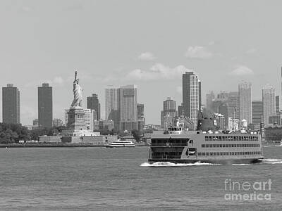 Skylines Royalty Free Images - A Ferry a Statue and a City BW Royalty-Free Image by Connie Sloan