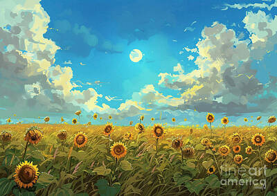 Sunflowers Paintings - A field of sunflowers under a bright sun by Eldre Delvie