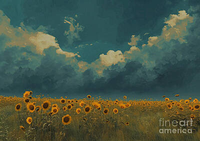 Sunflowers Paintings - A field of sunflowers under a dramatic sky with clouds by Eldre Delvie