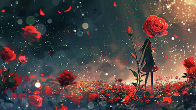 Roses Paintings - A field of vibrant red roses under a hazy starry sky by Jose Alberto