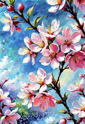 Florals Digital Art - A floral scene in pink and blue by Sen Tinel