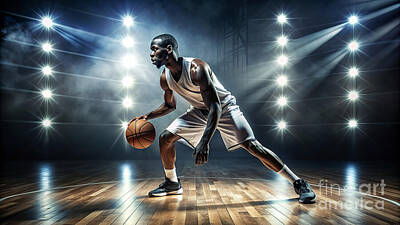 Athletes Rights Managed Images - A focused basketball player is in a defensive stance on a polished wooden court, poised and ready Royalty-Free Image by Odon Czintos