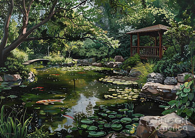 Lilies Paintings - A garden featuring a tranquil koi pond with a viewing platform by Donato Williamson