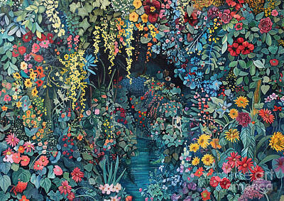 Floral Paintings - A garden with a bridge crossing over a stream or pond by Donato Williamson