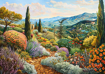 Mountain Paintings - A garden with a large reflective orb adding a modern touch to the landscape by Donato Williamson
