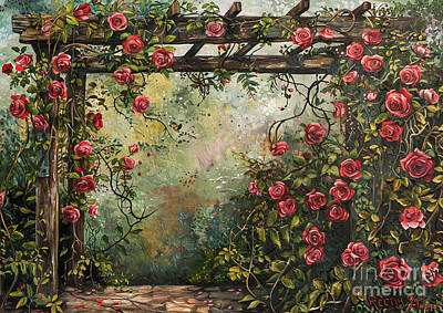 Roses Royalty Free Images - A garden with a quaint wooden footbridge over a small brook Royalty-Free Image by Donato Williamson