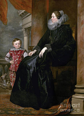 City Scenes Paintings - A Genoese Noblewoman and Her Son by Sir Anthony van Dyck by Sad Hill - Bizarre Los Angeles Archive