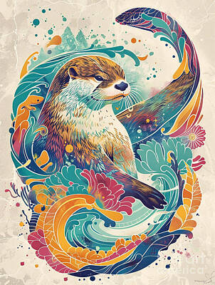 Floral Drawings Rights Managed Images - A graphic depiction of Otter Forest animal Royalty-Free Image by Clint McLaughlin