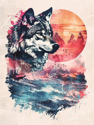 Mountain Drawings - A graphic depiction of Wolf Wild animal by Clint McLaughlin