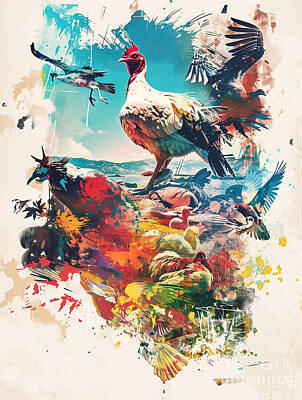 Surrealism Drawings - A graphic design of Turkey Farm animals by Clint McLaughlin