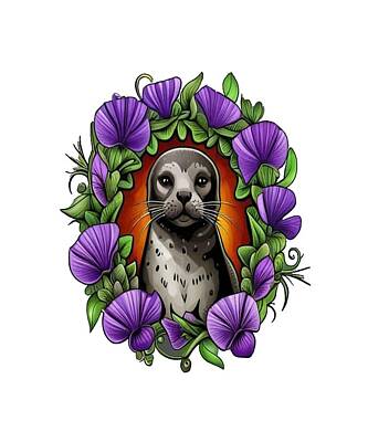 Digital Art - A Harbor Seal Surrounded By A Wreath Of Violet Viola Tattoo Art by Taiche Acrylic Art