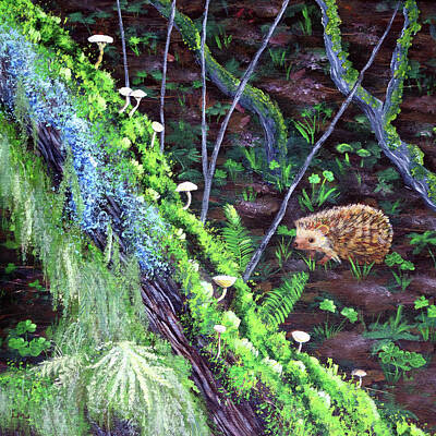 Southwest Landscape Paintings - A Hedgehog Wanders Through the Woodland by Laura Iverson