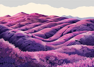 Surrealism Paintings - A hillside covered in lavender fields by Eldre Delvie