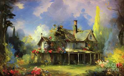 Sunflowers Digital Art - A house with flowers on the porch by Sen Tinel