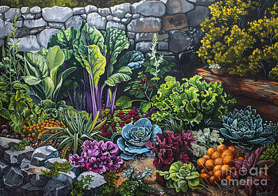 Food And Beverage Paintings - A kitchen garden with herbs vegetables and edible flowers by Donato Williamson