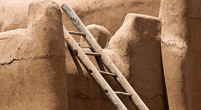 Landmarks Royalty-Free and Rights-Managed Images - A Log Ladder Leans Against a Stucco Wall, Taos, NM, USA by Derrick Neill