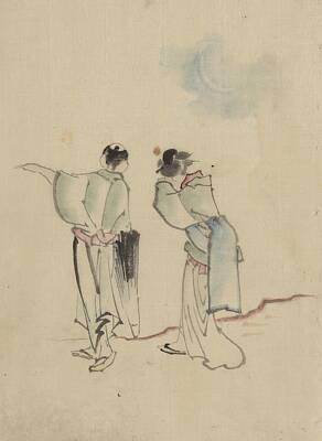 Farm Life Paintings Rob Moline - A man and a woman, seen from behind, are looking to where the man is pointing with his left arm  by Katsushika Hokusai