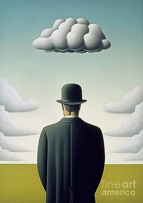Surrealism Digital Art - A man in a bowler hat stands with his back to the viewer, looking up at a floating cloud  by Odon Czintos