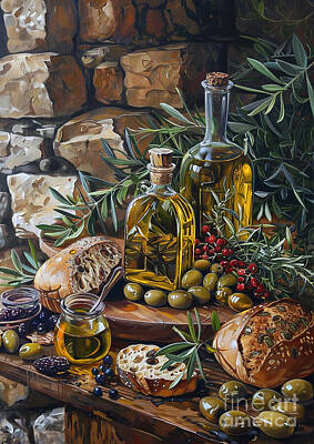 Still Life Paintings - A Mediterranean olive oil tasting with different varieties and bread for dipping by Donato Williamson