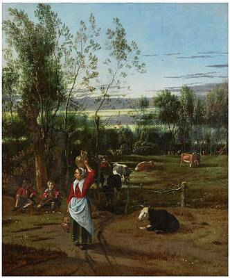 Granger - A Milkmaid And Children In A Field, Cattle Grazing Beyond by Artistic Rifki