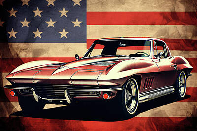 Legendary And Mythic Creatures Rights Managed Images - A Painting of a Classic Chevrolet Corvette in Front of an Americ Royalty-Free Image by Boyan Dimitrov