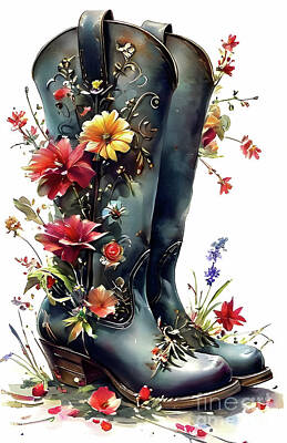 Florals Digital Art - A pair of floral boots by Sen Tinel