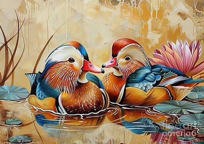 Birds Paintings - A pair of Mandarin Ducks, symbols of love and fidelity in Asian culture by Donato Williamson