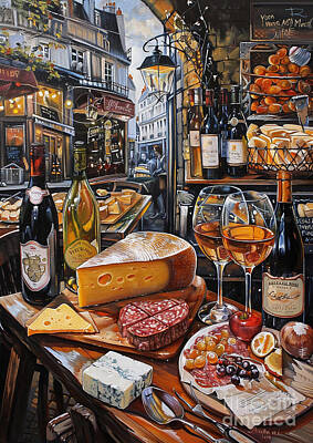 Wine Paintings - A Parisian wine bar with a selection of French cheeses and charcuterie by Donato Williamson