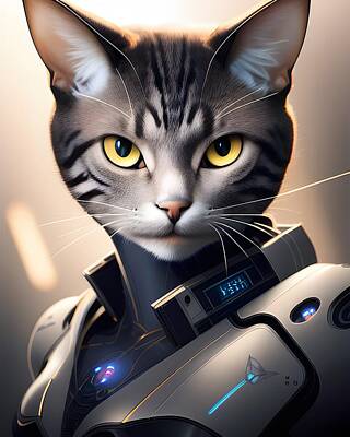 Science Fiction Mixed Media - A Portrait of the Future - Cyborg Cat Artwork by Artvizual Premium