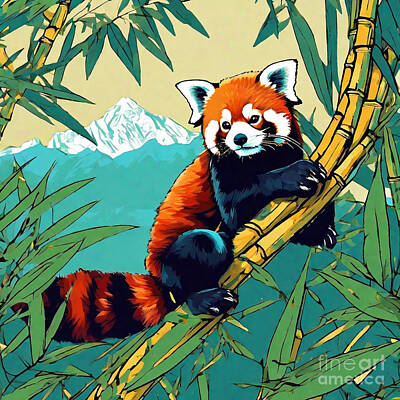 Drawings Rights Managed Images - A red panda nibbling bamboo leaves while cradled in tree branches overlooking the Himalayas Royalty-Free Image by Clint McLaughlin