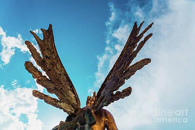 Black And Gold - A sculpture of an angel, rear view of its wings against the sky. by Joaquin Corbalan