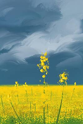 Landscapes Mixed Media - A Sea of Golden Yellow - Abstract, Poetic Landscape Painting by Cosmic Soup
