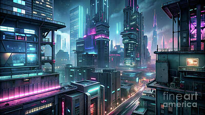 Skylines Digital Art - A sprawling cityscape is illuminated by neon lights and towering skyscrapers by Odon Czintos