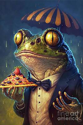 Reptiles Digital Art - A suavely dressed frog in a tuxedo is holding a slice of pizza topped with a strawberry. by Odon Czintos