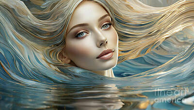 Surrealism Digital Art Rights Managed Images - A surreal depiction of a woman with flowing hair that seamlessly transitions into water  Royalty-Free Image by Odon Czintos