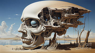 Surrealism Digital Art - A surreal desert landscape with a large skull-like structure. by Odon Czintos