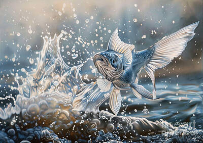 Animals Paintings - A surreal painting of a Flying Fish leaping out of water by Donato Williamson