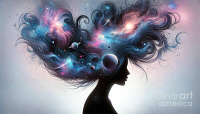Science Fiction Digital Art - A surreal portrait of a woman with her hair flowing into a cosmic galaxy, by Odon Czintos