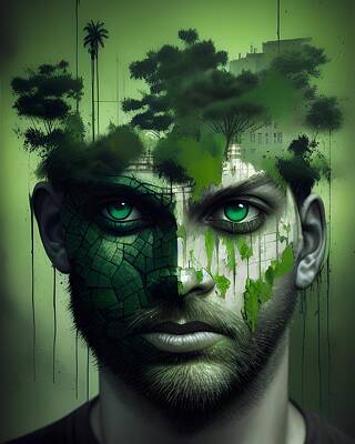 Surrealism Mixed Media - A Surrealistic Take on Nature - The Green Concrete Face by Artvizual Premium