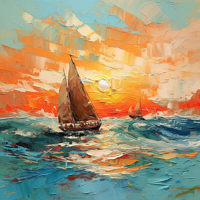 Recently Sold - Abstract Digital Art - A Symphony of Turquoise and Orange - Sailboats at Sunset by Lourry Legarde