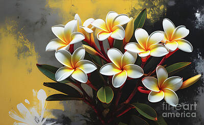 Still Life Digital Art - A symphony of yellow and white frangipani by Sen Tinel