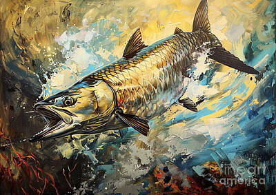 Animals Paintings - A Tarpon fish catching prey, showcasing its size and power by Donato Williamson