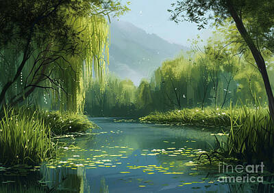 Lilies Paintings - A tranquil pond surrounded by willow trees by Eldre Delvie