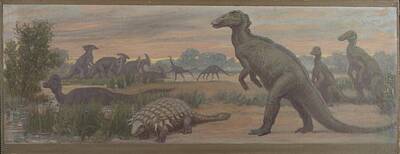 Reptiles Paintings - A variety of dinosaurs populate a prehistoric landscape under a twilight sky. Prominently featured i by MotionAge Designs