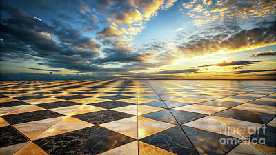 Transportation Digital Art Rights Managed Images - A vast checkered floor stretches towards the horizon under a dramatic sky lit by the setting sun. Royalty-Free Image by Odon Czintos