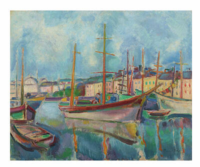 Impressionism Painting Royalty Free Images - A vibrant harbor scene is captured with boats docked at the waterside and buildings in the backgroun Royalty-Free Image by MotionAge Designs