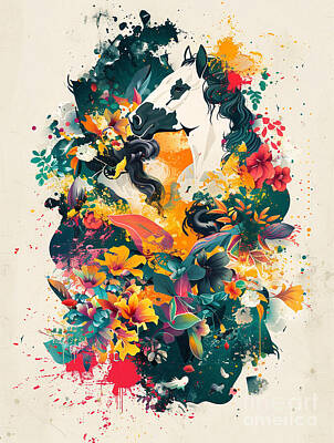 Florals Drawings - A vibrant mix of Horse Farm animals by Clint McLaughlin