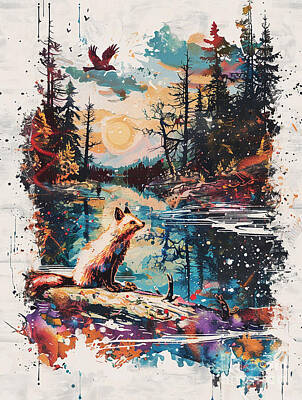 Landscapes Drawings - A vibrant mix of Pine Marten Forest animal by Clint McLaughlin