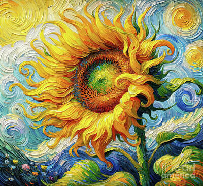 Sunflowers Digital Art - A vibrant painting of a sunflower in a swirling Van Gogh-inspired style by Odon Czintos